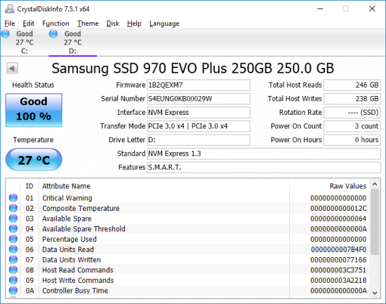 250GB Samsung 970 EVO Plus M.2 NVMe SSD