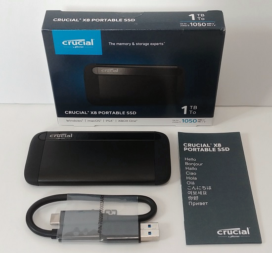 Crucial 1TB X8 USB SSD Front With Cable - ServeTheHome